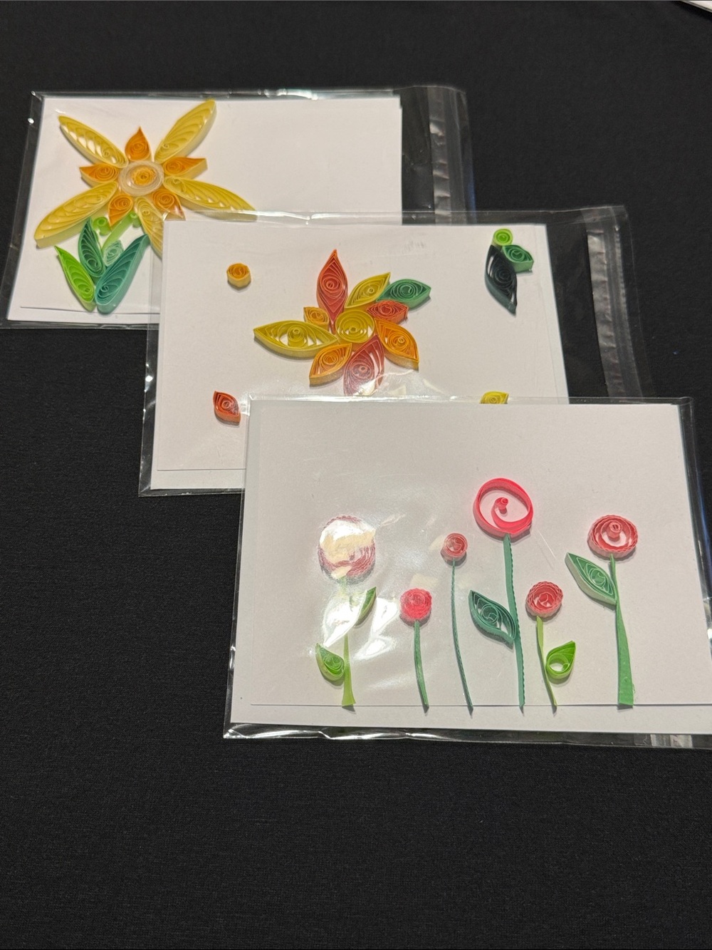 Handmade Quilling Cards (Set of 3) - Pink, Yellow & Green Flowers